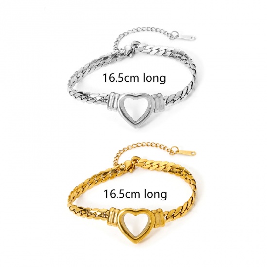 Immagine di 1 Piece 304 Stainless Steel Cuban Link Chain Bracelets Heart With Lobster Claw Clasp And Extender Chain 16.5cm(6 4/8") long