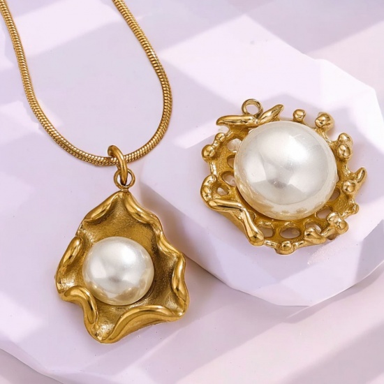 Picture of 1 Piece Eco-friendly PVD Vacuum Plating 304 Stainless Steel Charms 18K Gold Plated Irregular Shell Imitation Pearl