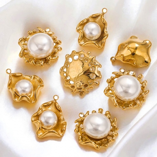 Picture of 1 Piece Eco-friendly PVD Vacuum Plating 304 Stainless Steel Charms 18K Gold Plated Irregular Shell Imitation Pearl