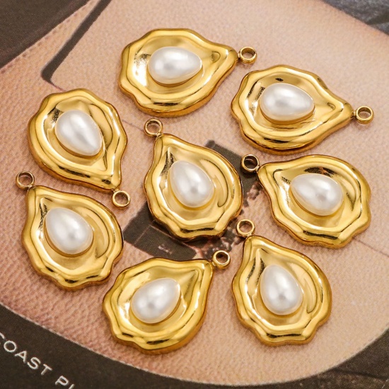 Picture of 1 Piece Eco-friendly PVD Vacuum Plating 304 Stainless Steel Charms 18K Gold Plated Irregular Shell Imitation Pearl