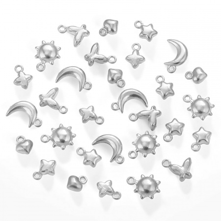 5 PCs 304 Stainless Steel Mini Charms Silver Tone 3D