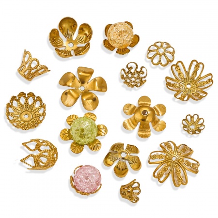 Vacuum Plating 304 Stainless Steel Beads Caps Flower 18K Gold Plated