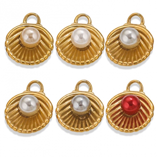 Picture of Eco-friendly PVD Vacuum Plating 304 Stainless Steel Charms 18K Gold Plated Shell Shell Imitation Pearl 18.5mm x 14mm