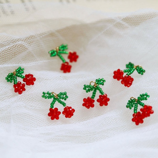 Imagen de 2 PCs Iron Based Alloy & Glass Crochet Knitted Weaving Charms Red & Green Cherry Fruit 16mm x 15mm