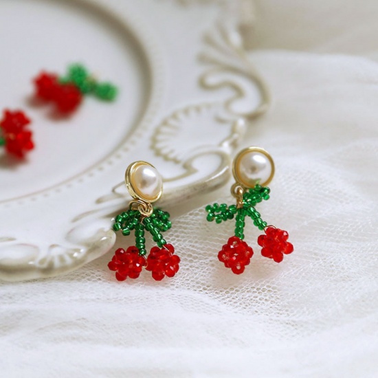 Imagen de 2 PCs Iron Based Alloy & Glass Crochet Knitted Weaving Charms Red & Green Cherry Fruit 16mm x 15mm