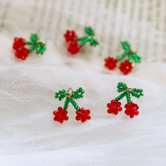 Imagen de 2 PCs Iron Based Alloy & Glass Crochet Knitted Weaving Charms Red & Green Cherry Fruit 16mm x 15mm