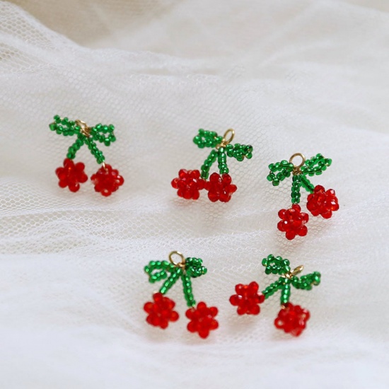 Imagen de 2 PCs Iron Based Alloy & Glass Crochet Knitted Weaving Charms Red & Green Cherry Fruit 16mm x 15mm