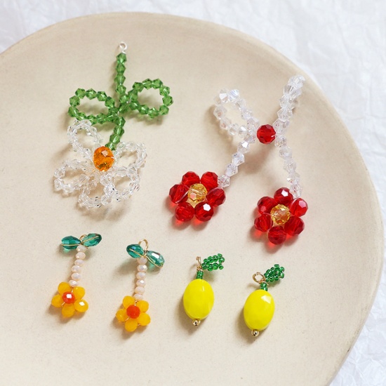 2 PCs Iron Based Alloy & Glass Crochet Knitted Weaving Charms Multicolor Fruit Flower の画像