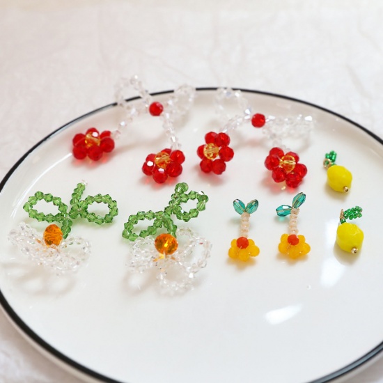 2 PCs Iron Based Alloy & Glass Crochet Knitted Weaving Charms Multicolor Fruit Flower の画像