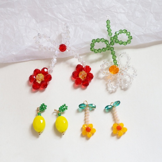 2 PCs Iron Based Alloy & Glass Crochet Knitted Weaving Charms Multicolor Fruit Flower の画像