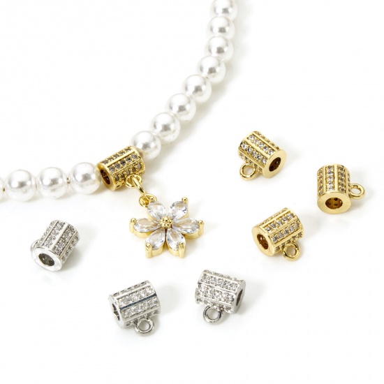 Image de 1 Pièce Perle Bélière avec Boucle Accessories pour DIY Fabrication de Bijoux Micro Pave en Laiton Multicolore Colonne à Zircone Cubique Clair 9mm x 7mm