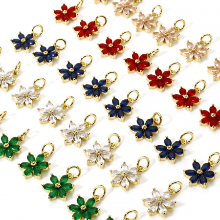 2 PCs Brass Charms 18K Gold Plated Flower Multicolor Rhinestone 20mm x 12mm