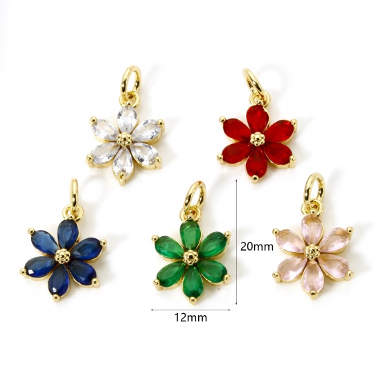 2 PCs Brass Charms 18K Gold Plated Flower Multicolor Rhinestone 20mm x 12mm の画像