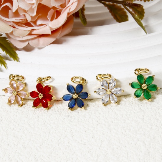 2 PCs Brass Charms 18K Gold Plated Flower Multicolor Rhinestone 20mm x 12mm の画像