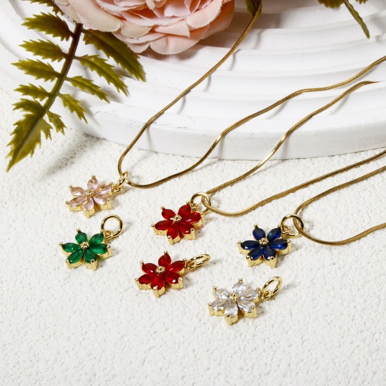 2 PCs Brass Charms 18K Gold Plated Flower Multicolor Rhinestone 20mm x 12mm の画像