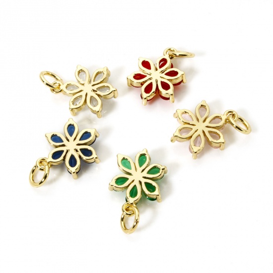 2 PCs Brass Charms 18K Gold Plated Flower Multicolor Rhinestone 20mm x 12mm の画像