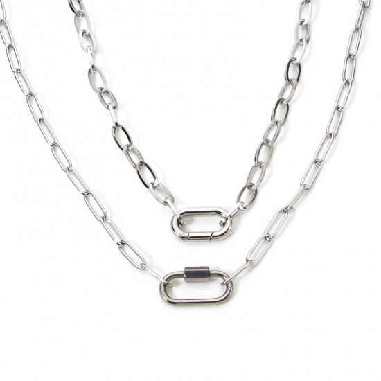 Picture of 1 Piece 304 Stainless Steel Paperclip Link Chain Necklace For DIY Jewelry Making Oval Silver Tone 46.5cm(18 2/8") long