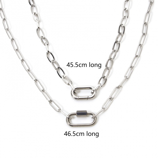 Picture of 1 Piece 304 Stainless Steel Paperclip Link Chain Necklace For DIY Jewelry Making Oval Silver Tone 46.5cm(18 2/8") long