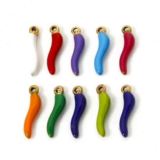 5 PCs Eco-friendly PVD Vacuum Plating 304 Stainless Steel 3D Charms 18K Gold Plated Chili Enamel 15mm x 4mm の画像