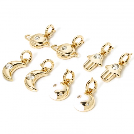 Immagine di 1 Pz Placcatura Sottovuoto Ecologica 304 Acciaio Inossidabile Galassia Clip su Charm Stile Luna 18K Vero Oro Placcato Yin Yang Simbolo Trasparente Strass