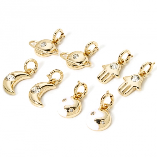 Immagine di 1 Pz Placcatura Sottovuoto Ecologica 304 Acciaio Inossidabile Galassia Clip su Charm Stile Luna 18K Vero Oro Placcato Yin Yang Simbolo Trasparente Strass