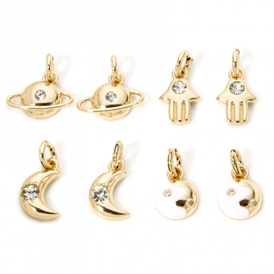 Immagine di 1 Pz Placcatura Sottovuoto Ecologica 304 Acciaio Inossidabile Galassia Clip su Charm Stile Luna 18K Vero Oro Placcato Yin Yang Simbolo Trasparente Strass