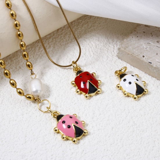 Imagen de 1 Piece Eco-friendly Brass Charms 18K Real Gold Plated Ladybug Animal Enamel 25mm x 15mm