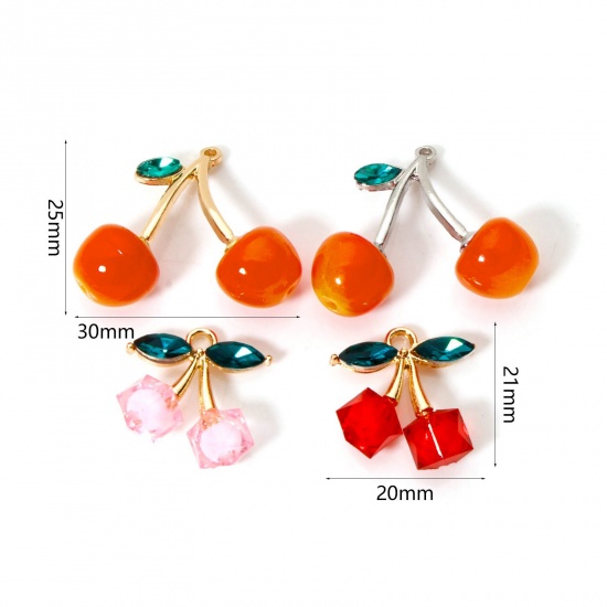 Image de 5 PCs Zinc Based Alloy & Acrylic Charms Multicolor Cherry Fruit 3D Green Rhinestone