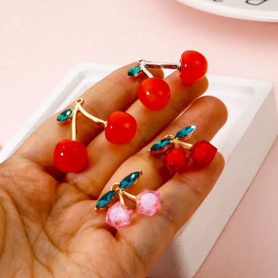 Image de 5 PCs Zinc Based Alloy & Acrylic Charms Multicolor Cherry Fruit 3D Green Rhinestone