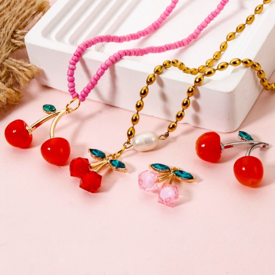 Image de 5 PCs Zinc Based Alloy & Acrylic Charms Multicolor Cherry Fruit 3D Green Rhinestone