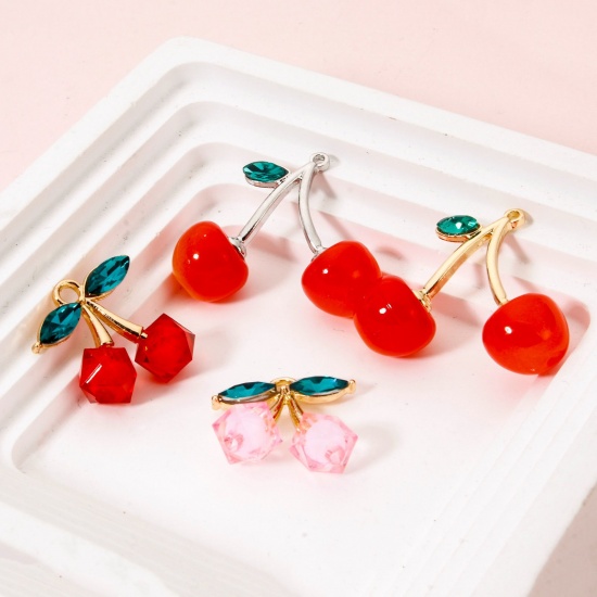 Image de 5 PCs Zinc Based Alloy & Acrylic Charms Multicolor Cherry Fruit 3D Green Rhinestone