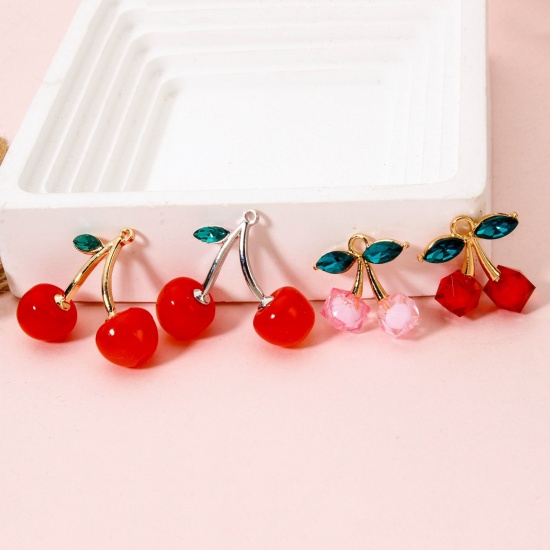 Image de 5 PCs Zinc Based Alloy & Acrylic Charms Multicolor Cherry Fruit 3D Green Rhinestone