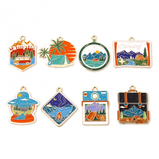 Picture of 5 PCs Zinc Based Alloy Travel Camping Theme Pendants Gold Plated Multicolor Enamel