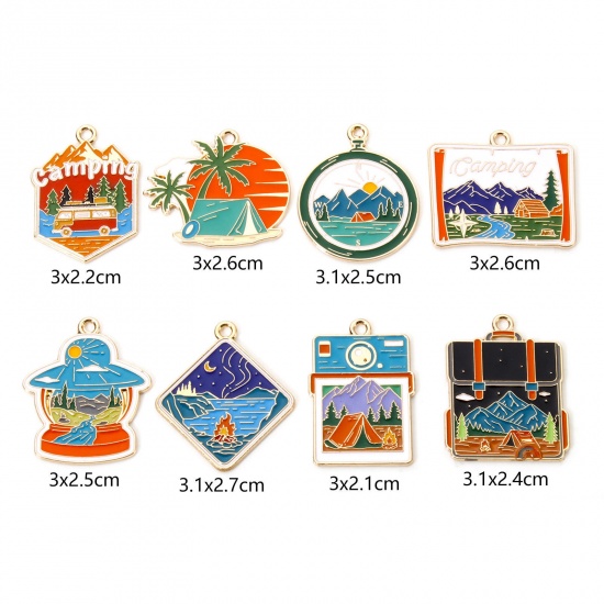 Picture of 5 PCs Zinc Based Alloy Travel Camping Theme Pendants Gold Plated Multicolor Enamel