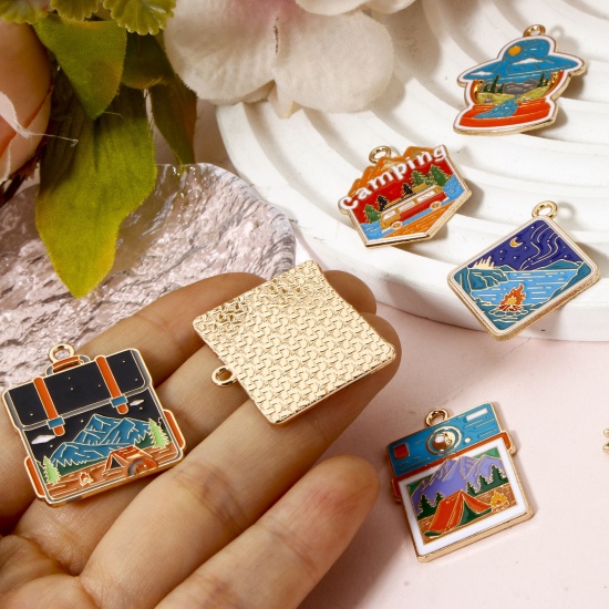 Picture of 5 PCs Zinc Based Alloy Travel Camping Theme Pendants Gold Plated Multicolor Enamel