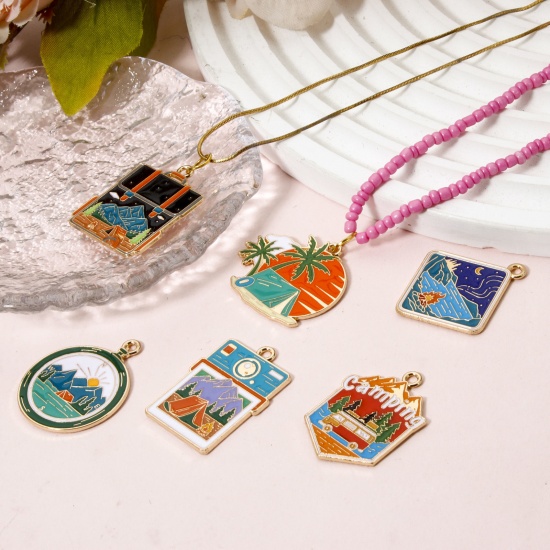 Picture of 5 PCs Zinc Based Alloy Travel Camping Theme Pendants Gold Plated Multicolor Enamel