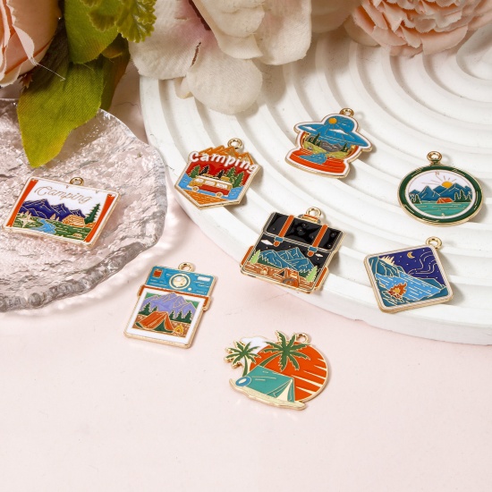 Picture of 5 PCs Zinc Based Alloy Travel Camping Theme Pendants Gold Plated Multicolor Enamel