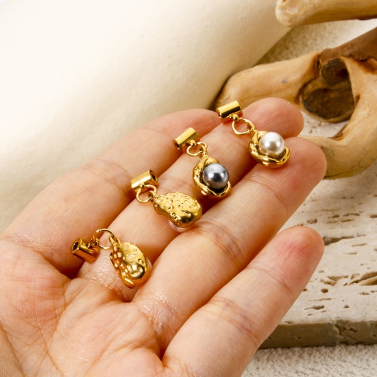 Bild von Umweltfreundliche PVD-Vakuumbeschichtung 304 Edelstahl Slider Perlen Charm Anhänger Erbse 18K Vergoldet Imitat Perle 23mm x 8mm