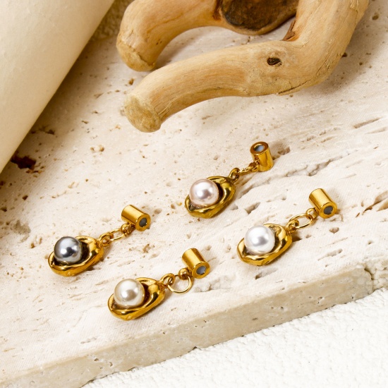 Bild von Umweltfreundliche PVD-Vakuumbeschichtung 304 Edelstahl Slider Perlen Charm Anhänger Erbse 18K Vergoldet Imitat Perle 23mm x 8mm