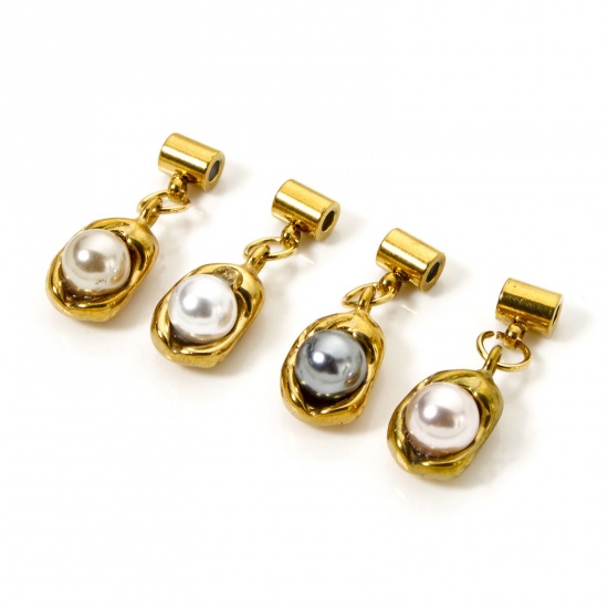 Bild von Umweltfreundliche PVD-Vakuumbeschichtung 304 Edelstahl Slider Perlen Charm Anhänger Erbse 18K Vergoldet Imitat Perle 23mm x 8mm