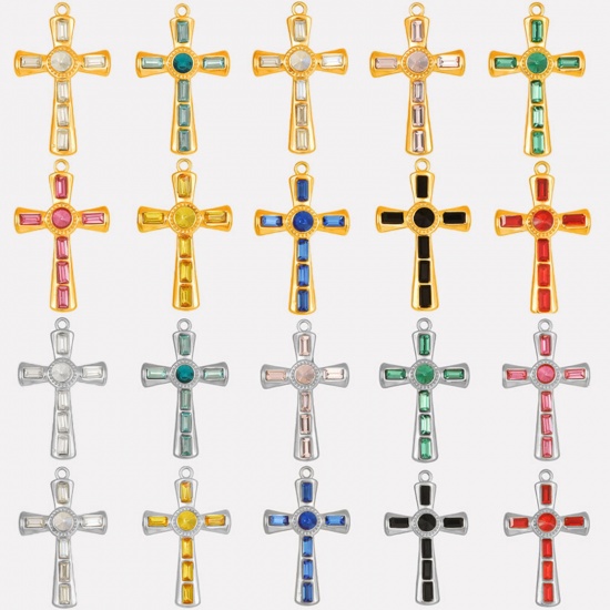 Picture of 304 Stainless Steel Religious Pendants Cross Multicolor Rhinestone 37mm x 23mm