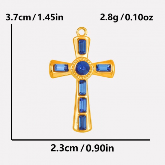 Picture of 304 Stainless Steel Religious Pendants Cross Multicolor Rhinestone 37mm x 23mm