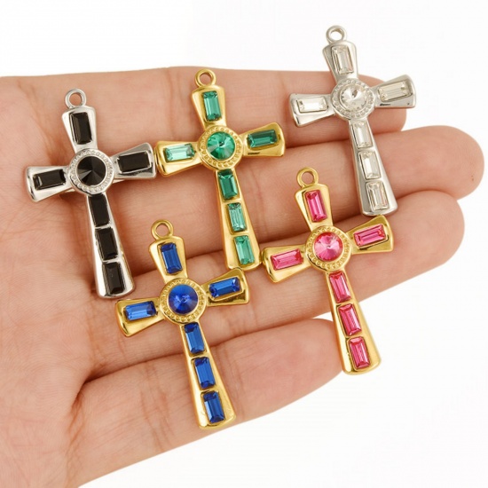 Picture of 304 Stainless Steel Religious Pendants Cross Multicolor Rhinestone 37mm x 23mm