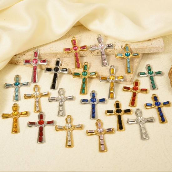 Picture of 304 Stainless Steel Religious Pendants Cross Multicolor Rhinestone 37mm x 23mm