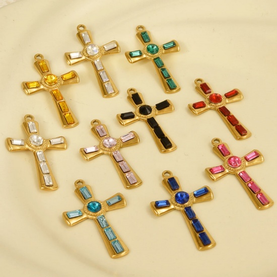 Picture of 304 Stainless Steel Religious Pendants Cross Multicolor Rhinestone 37mm x 23mm