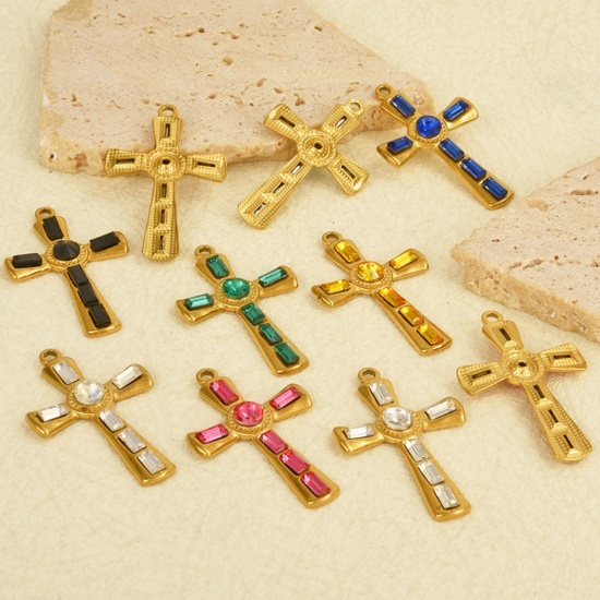 Picture of 304 Stainless Steel Religious Pendants Cross Multicolor Rhinestone 37mm x 23mm