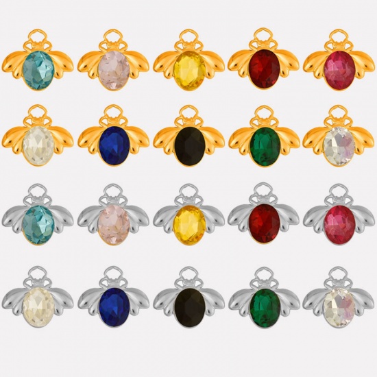 Picture of 304 Stainless Steel Insect Charms Bee Animal Multicolor Rhinestone 11mm x 18mm