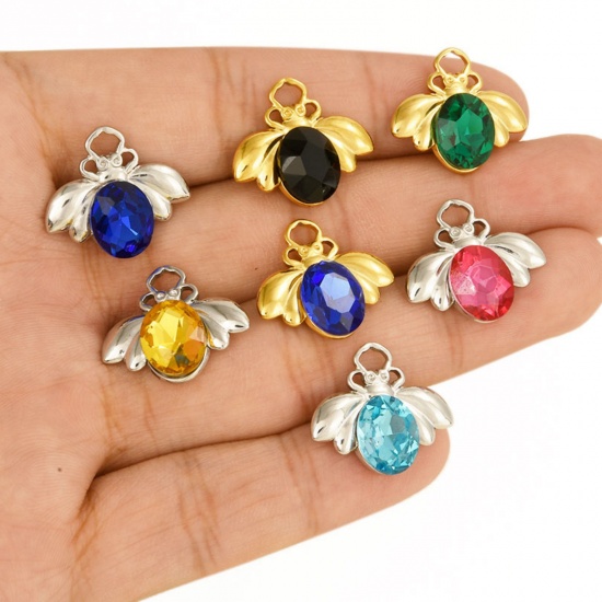Picture of 304 Stainless Steel Insect Charms Bee Animal Multicolor Rhinestone 11mm x 18mm