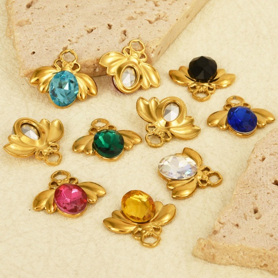 Picture of 304 Stainless Steel Insect Charms Bee Animal Multicolor Rhinestone 11mm x 18mm