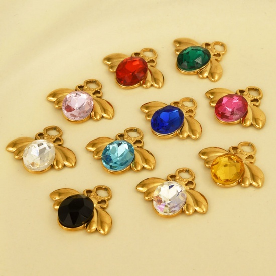 Picture of 304 Stainless Steel Insect Charms Bee Animal Multicolor Rhinestone 11mm x 18mm